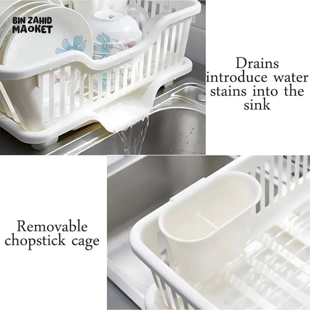 KITCHEN DISH DRYING RACK LARGE PLASTIC DRAINER WITH DRIP TRAY SPOONS & FORKS HOLDER - Image 2