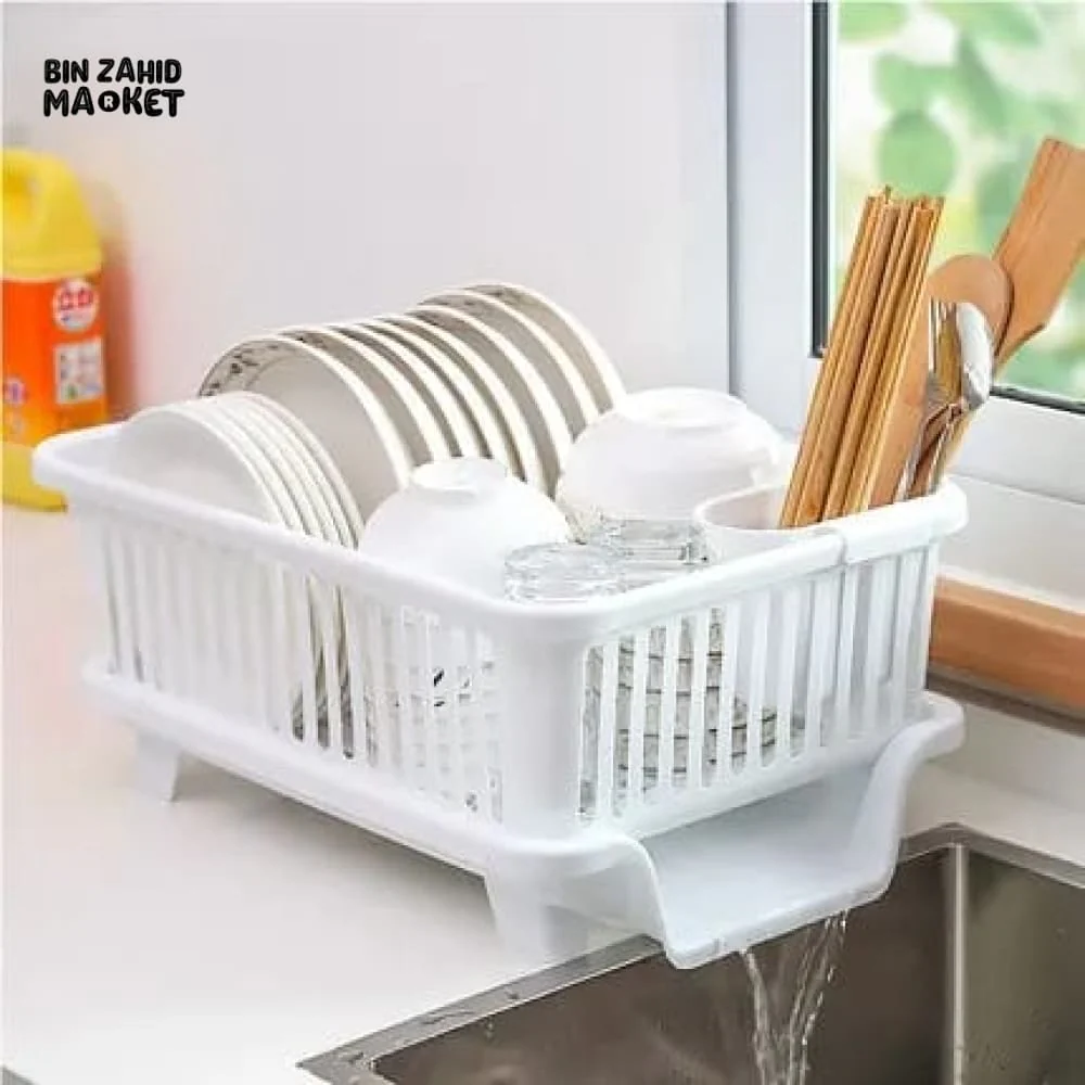 KITCHEN DISH DRYING RACK LARGE PLASTIC DRAINER WITH DRIP TRAY SPOONS & FORKS HOLDER - Image 3