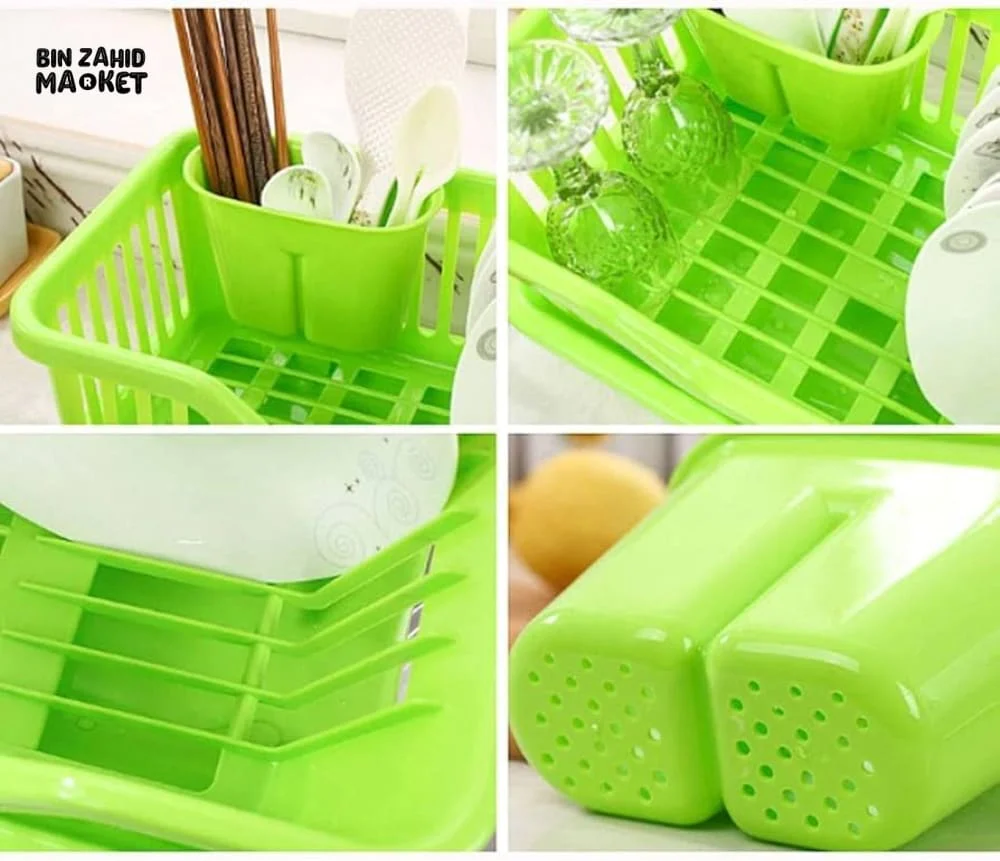 KITCHEN DISH DRYING RACK LARGE PLASTIC DRAINER WITH DRIP TRAY SPOONS & FORKS HOLDER - Image 5