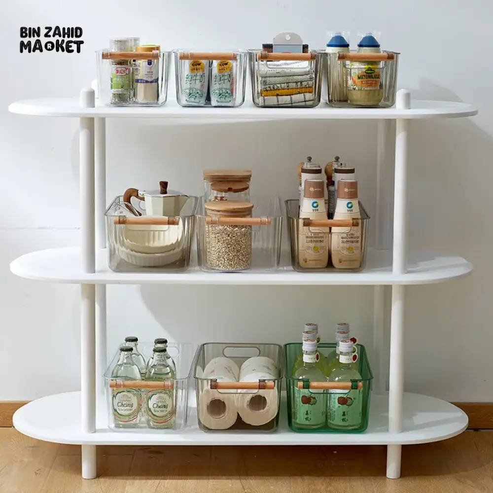 KITCHEN TABLE STORAGE BOX WITH WOODEN HANDLE – STRIPE DESIGN UTILITY ORGANIZER WITH LID & DRAWERS - Image 5