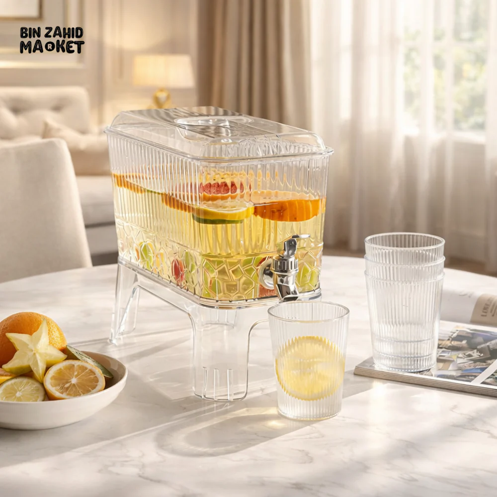 LARGE CAPACITY JUICE DISPENSER WITH TAP AND 4 GLASSES REFRIGERATOR COLD DRINK CONTAINER FOR HOME & DINING TABLE USE