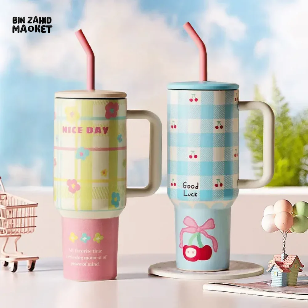 LARGE CAPACITY THERMOS STAINLESS STEEL THERMOS CUTE WITH HANDLE STRAW BEVERAGE COFFEE CUP DRINKING CUP - Image 2