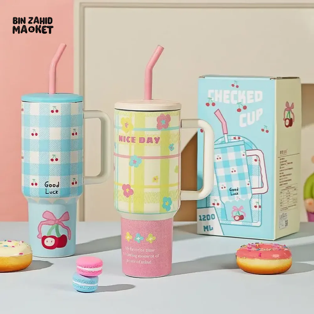 LARGE CAPACITY THERMOS STAINLESS STEEL THERMOS CUTE WITH HANDLE STRAW BEVERAGE COFFEE CUP DRINKING CUP - Image 3