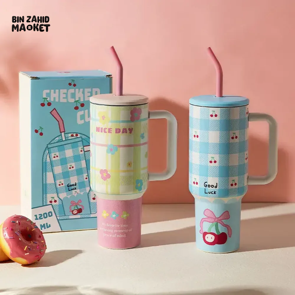 LARGE CAPACITY THERMOS STAINLESS STEEL THERMOS CUTE WITH HANDLE STRAW BEVERAGE COFFEE CUP DRINKING CUP - Image 4