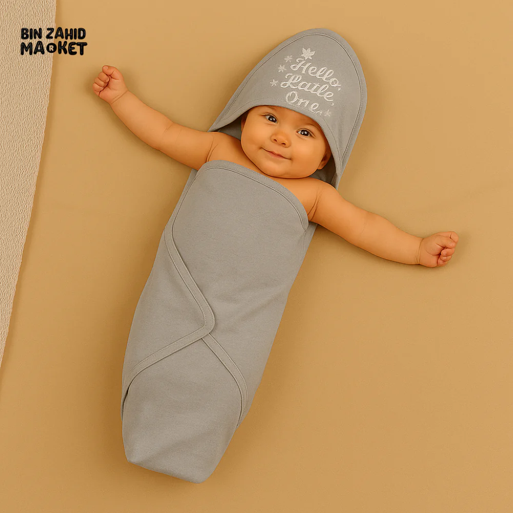 HELLO LITTLE ONE GREY HOODED BABY WRAP – COTTON NEWBORN SWADDLE BLANKET