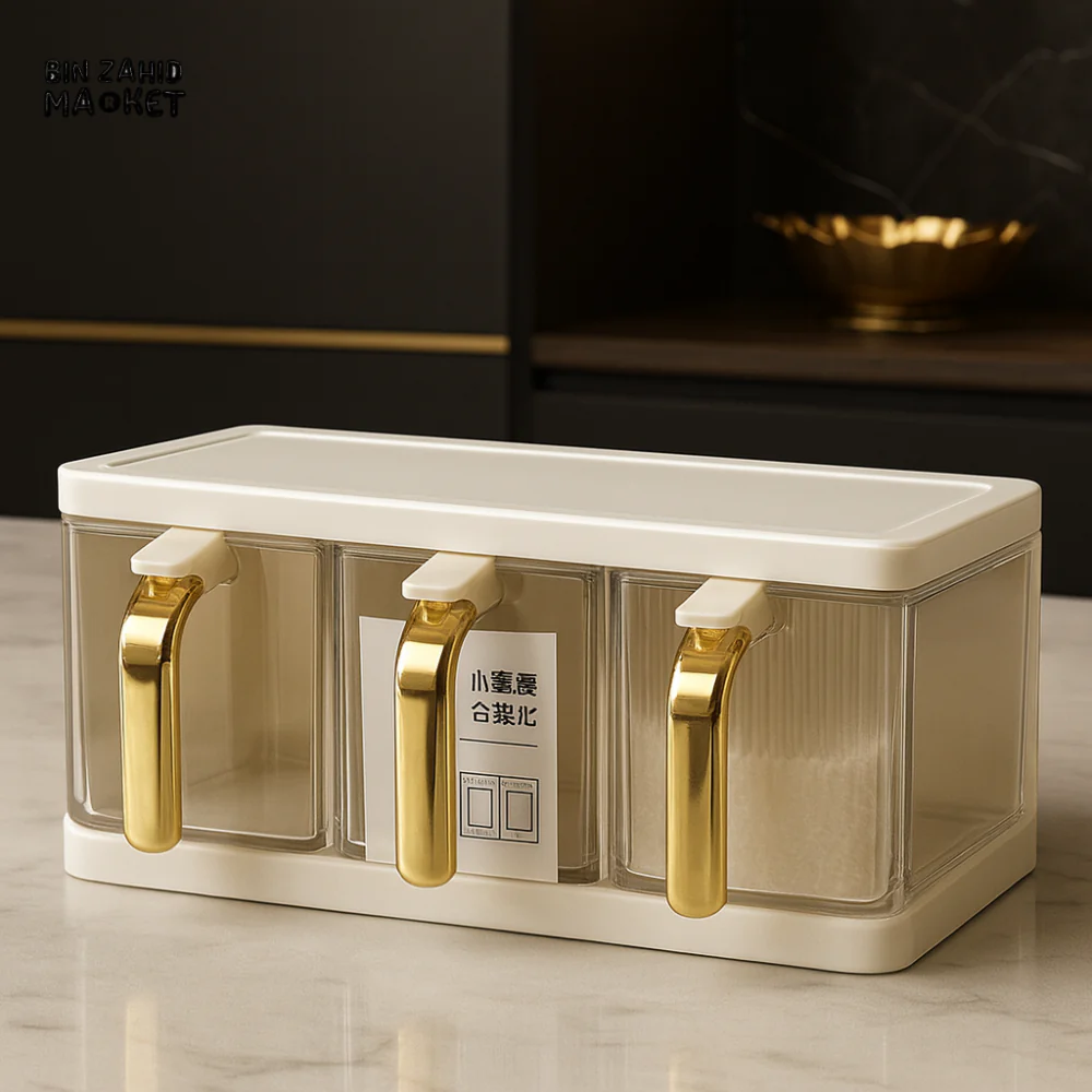 LUXORMOVE 3 PIECES SPICE JAR SET WITH GOLD HANDLES – KITCHEN SEASONING CONTAINER BOX FOR SALT, SUGAR, SPICES