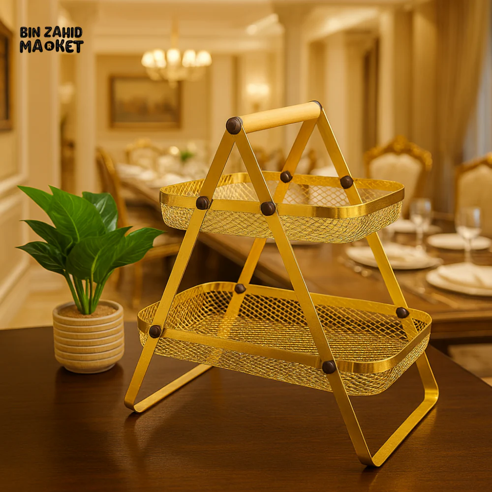 LUXORMOVE GOLDEN TWO-TIER MESH SERVING STAND – LUXURY KITCHEN & DINING RACK WITH WOODEN HANDLE