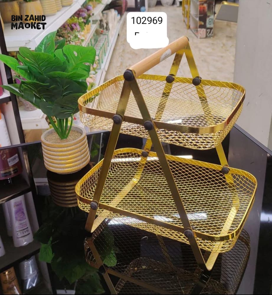 LUXORMOVE GOLDEN TWO-TIER MESH SERVING STAND – LUXURY KITCHEN & DINING RACK WITH WOODEN HANDLE - Image 2