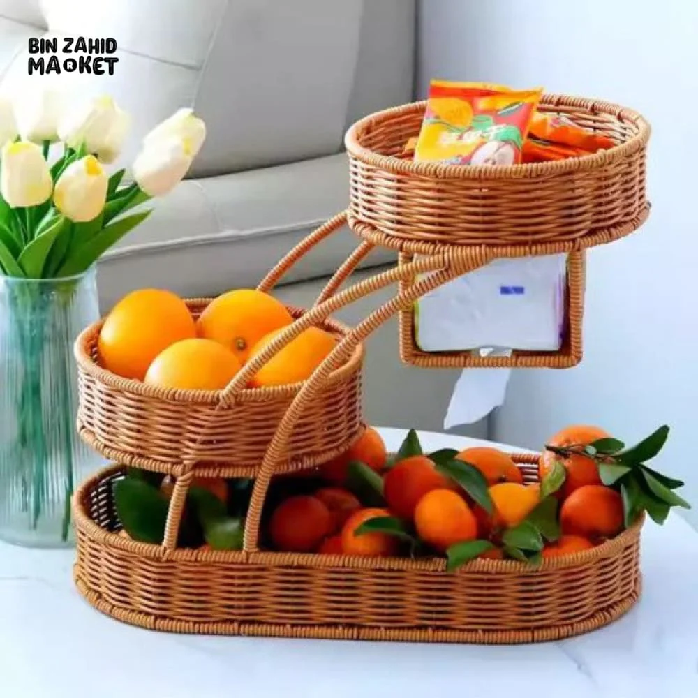 LUXORMOVE RATTAN 3-TIER FRUIT RACK – HANDWOVEN MULTI-LAYER BASKET WITH TISSUE HOLDER - Image 2