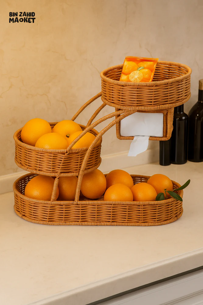 LUXORMOVE RATTAN 3-TIER FRUIT RACK – HANDWOVEN MULTI-LAYER BASKET WITH TISSUE HOLDER - Image 5