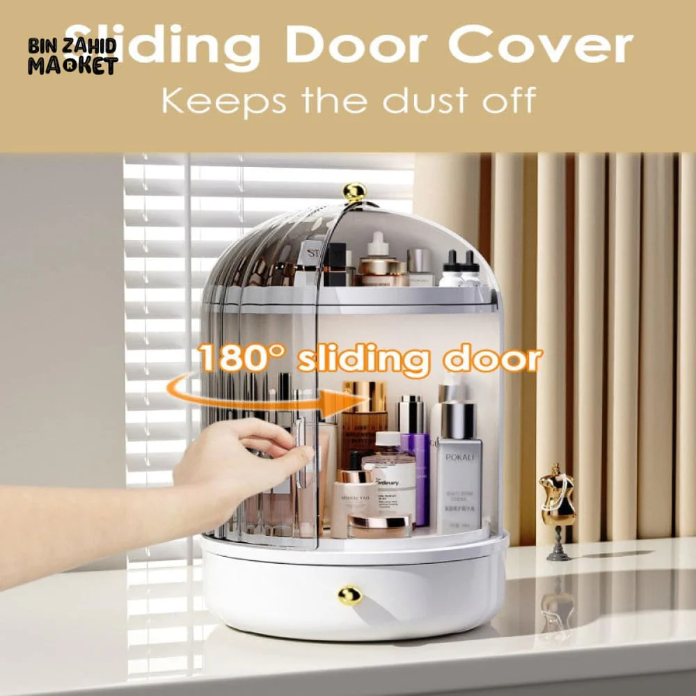 LUXORMOVE ROTATING MAKEUP STORAGE ORGANIZER WITH COVER & DRAWER LARGE SKINCARE COSMETICS HOLDER - Image 4