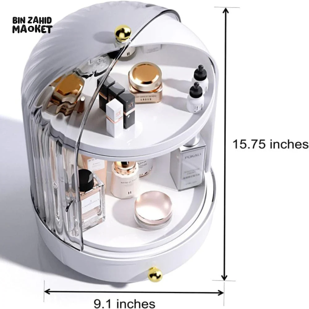 LUXORMOVE ROTATING MAKEUP STORAGE ORGANIZER WITH COVER & DRAWER LARGE SKINCARE COSMETICS HOLDER - Image 5