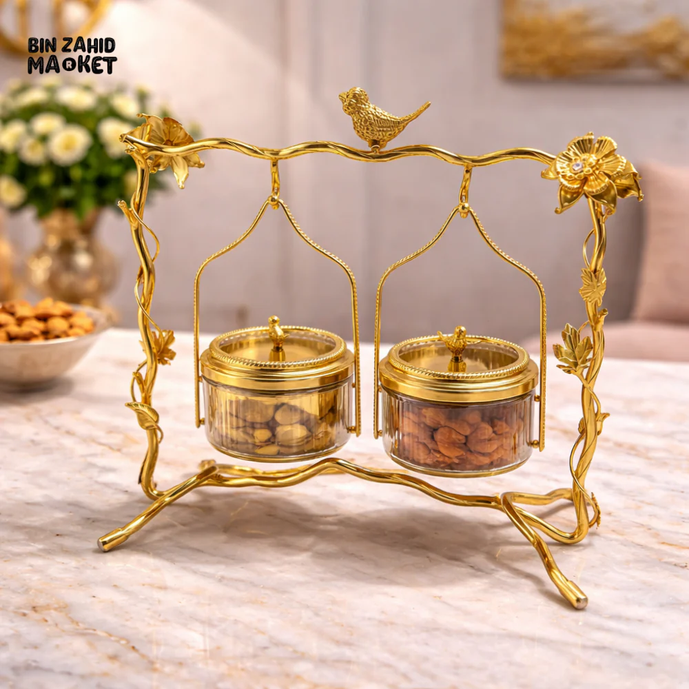 LUXURY 2-PIECES HANGING DRY FRUIT JAR SET WITH GOLD STAND DECORATIVE SERVING HOLDER - GOLDEN