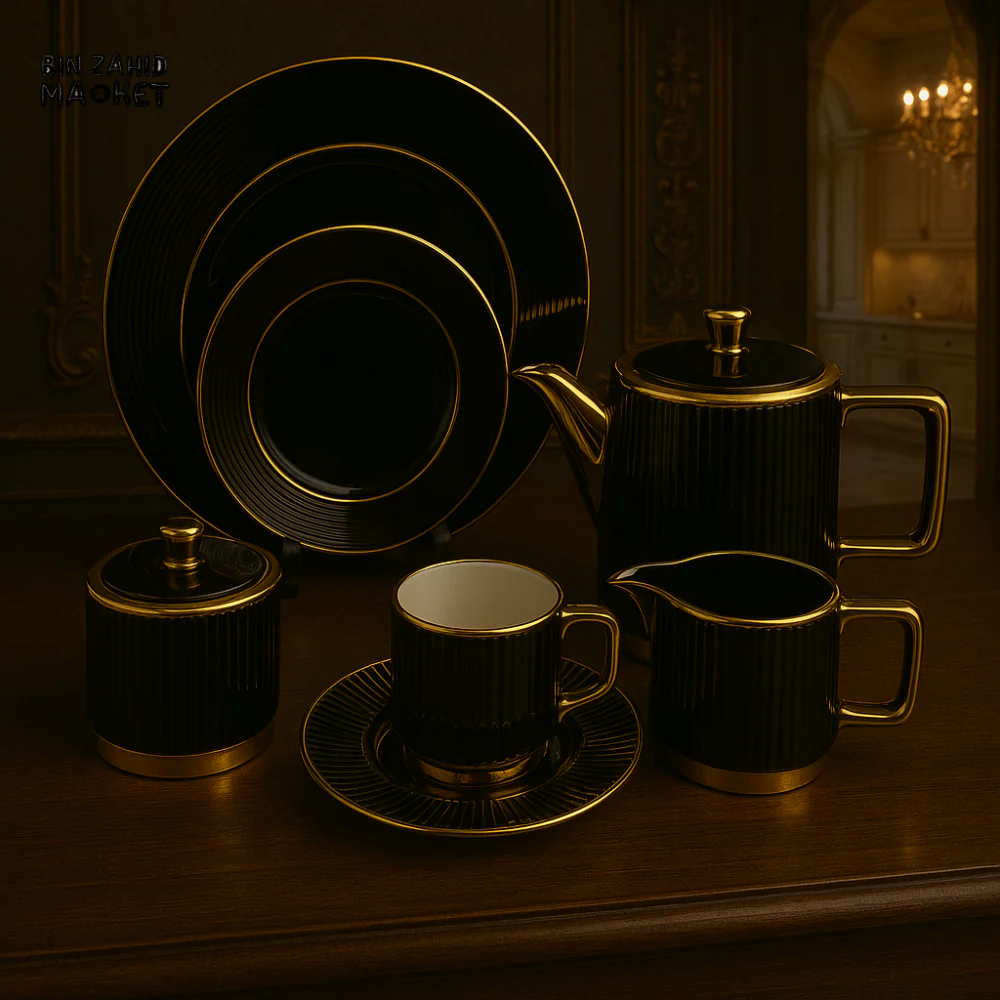 LUXURY 24 PIECE TEA SET – MODERN PORCELAIN DINNERWARE WITH TEAPOT, CUPS & PLATES FOR ELEGANT SERVING - BLACK
