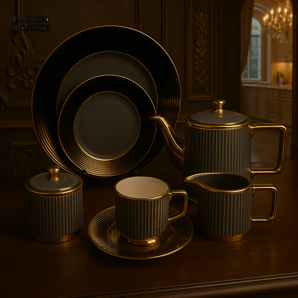LUXURY 24 PIECE TEA SET – MODERN PORCELAIN DINNERWARE WITH TEAPOT, CUPS & PLATES FOR ELEGANT SERVING - GRAY