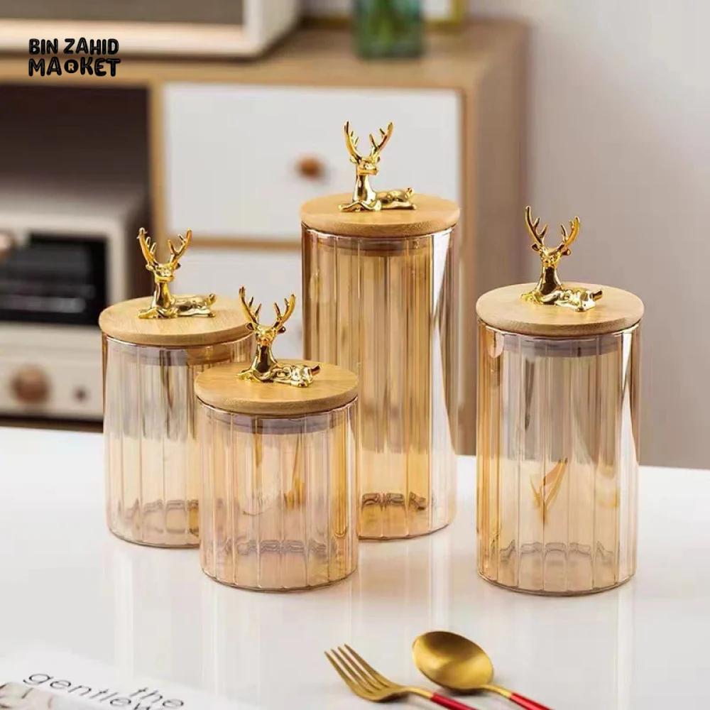 LUXURY 3-PIECE STORAGE JAR SET WITH WOODEN LIDS & DEER HEAD DESIGN ELEGANT COFFEE & SNACK CONTAINERS FOR KITCHEN DECOR - Image 2