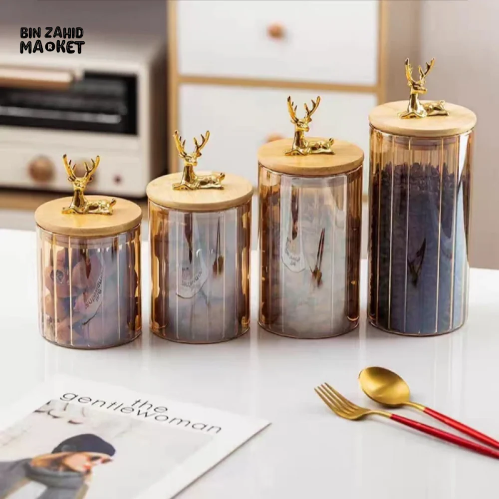 LUXURY 3-PIECE STORAGE JAR SET WITH WOODEN LIDS & DEER HEAD DESIGN ELEGANT COFFEE & SNACK CONTAINERS FOR KITCHEN DECOR - Image 3