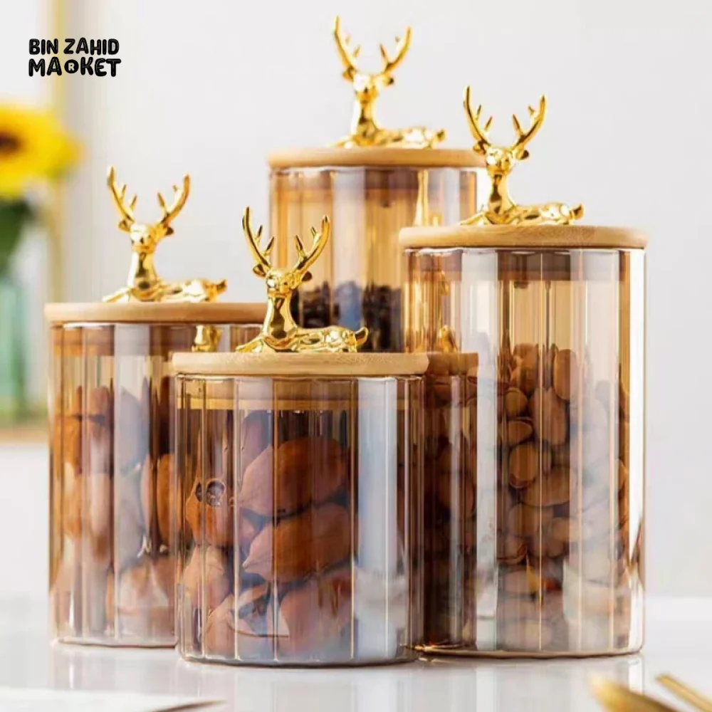 LUXURY 3-PIECE STORAGE JAR SET WITH WOODEN LIDS & DEER HEAD DESIGN ELEGANT COFFEE & SNACK CONTAINERS FOR KITCHEN DECOR - Image 4