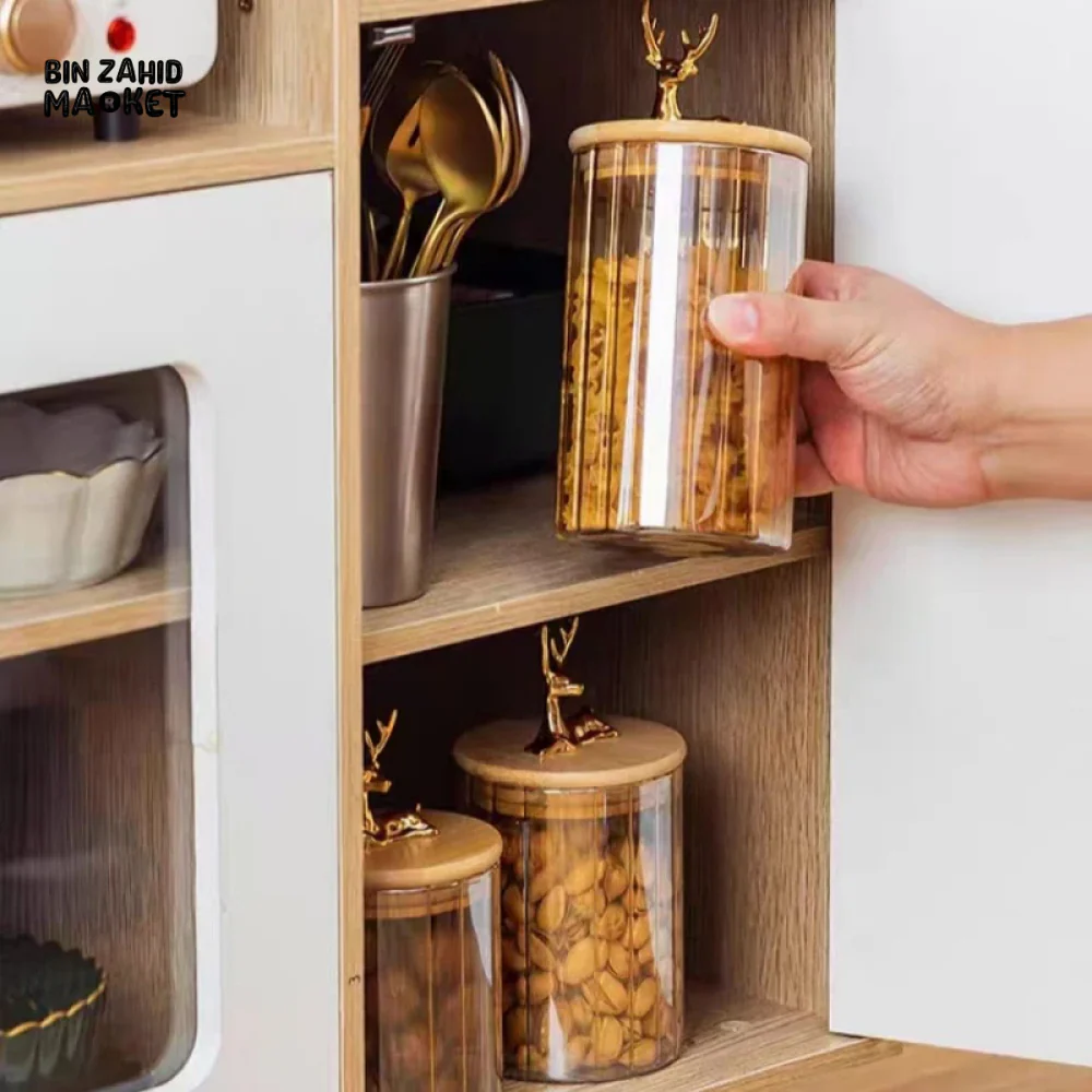 LUXURY 3-PIECE STORAGE JAR SET WITH WOODEN LIDS & DEER HEAD DESIGN ELEGANT COFFEE & SNACK CONTAINERS FOR KITCHEN DECOR - Image 5