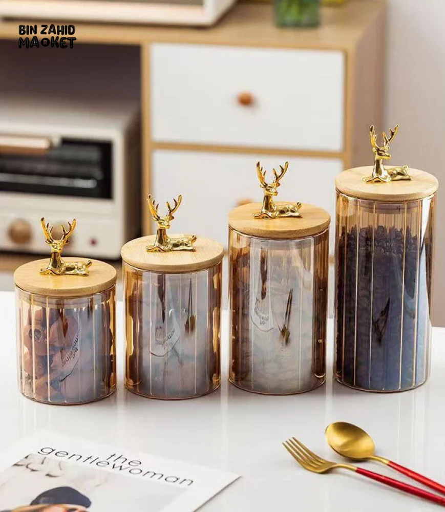 LUXURY 3-PIECE STORAGE JAR SET WITH WOODEN LIDS & DEER HEAD DESIGN ELEGANT COFFEE & SNACK CONTAINERS FOR KITCHEN DECOR - Image 9