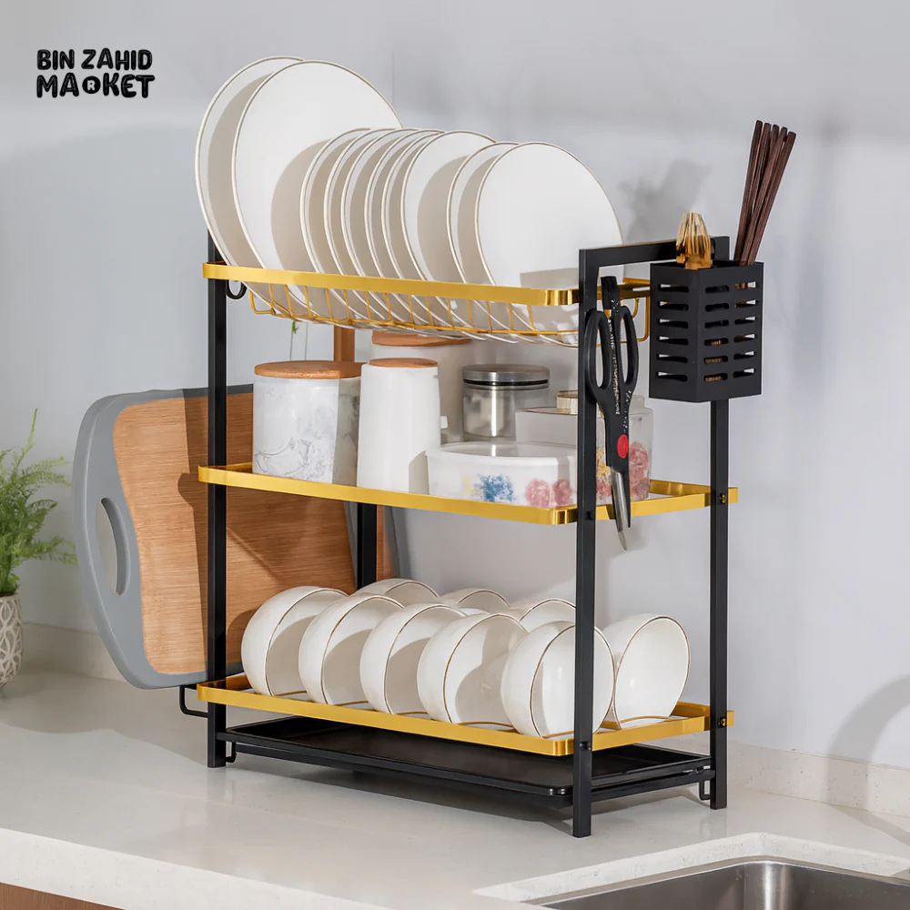 LUXURY  KITCHEN DISH RACK WITH GOLD FRAME – MODERN COUNTER STORAGE SHELF FOR PLATES BOWLS & CUTLERY ORGANIZER - 3-TIER - Image 2