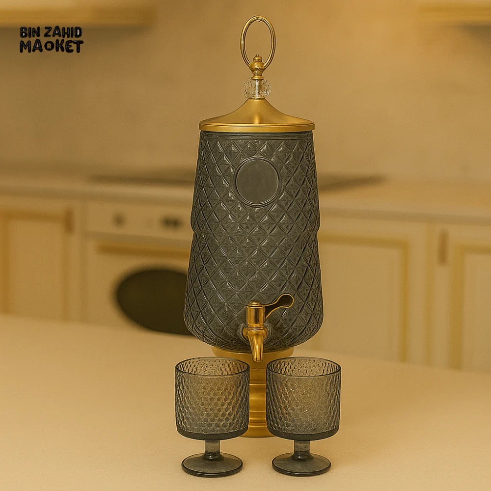 LUXURY AMBER TEXTURED GLASS WATER DISPENSER WITH 6 GOBLET CUPS – GOLD FAUCET & STAND | PREMIUM HOME & KITCHEN SERVER - BLACK