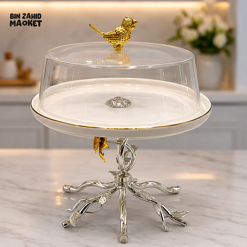 LUXURY BIRD FINIAL CAKE STAND WITH GLASS DOME COVER