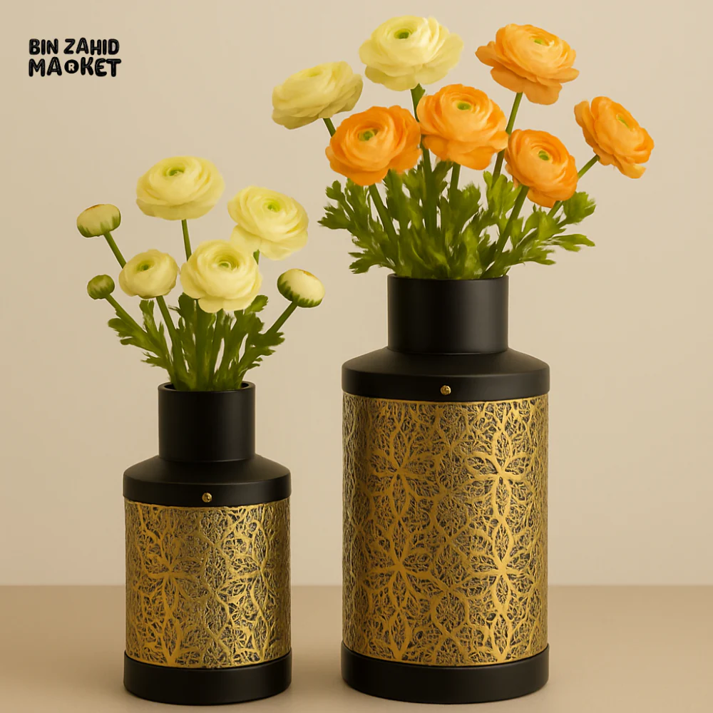 LUXURY BLACK & GOLD METAL VASE SET 2  PIECES SET– EMBOSSED GEOMETRIC DESIGN WITHOUT FLOWERS