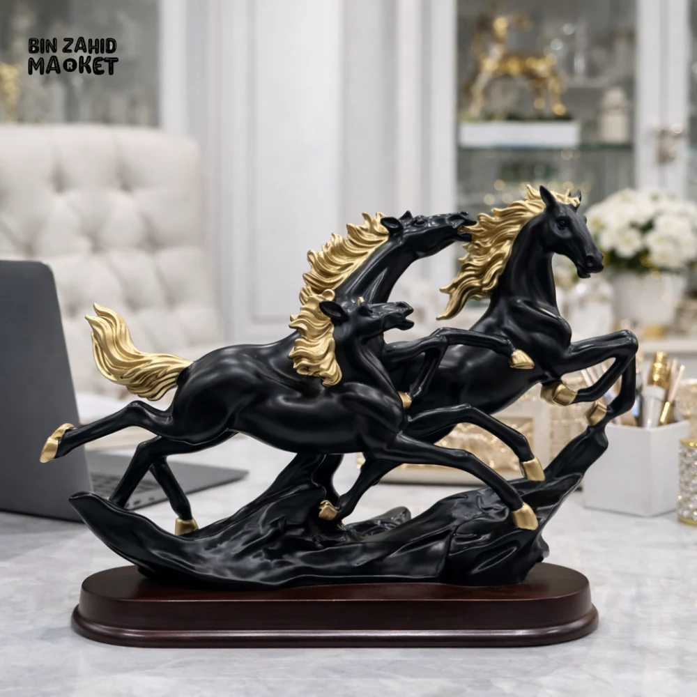 LUXURY BLACK & GOLD RUNNING HORSE TRIO SCULPTURE – MODERN OFFICE & HOME DECOR STATUE - 14cm x 20cm