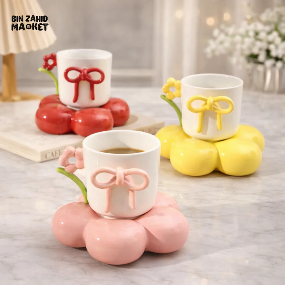LUXURY BOW DESIGN CERAMIC MUG WITH FLOWER COASTER – PREMIUM COFFEE CUP - Image 2