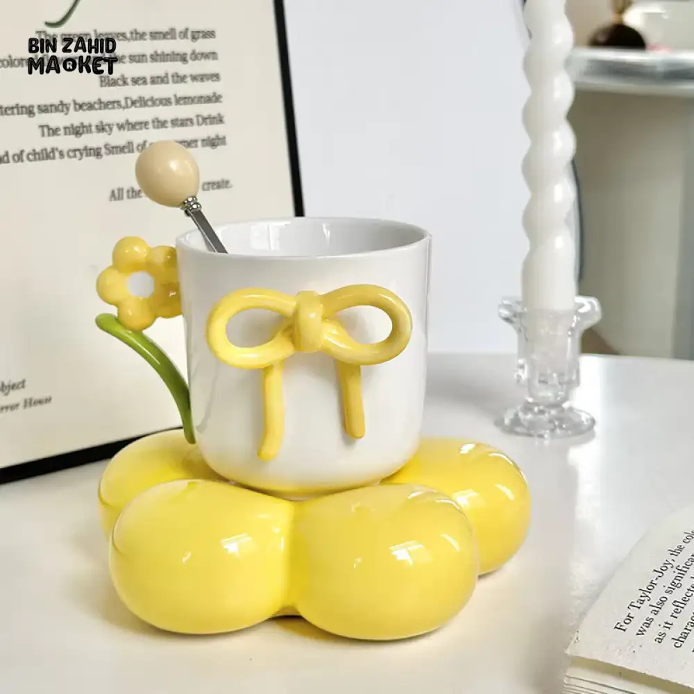LUXURY BOW DESIGN CERAMIC MUG WITH FLOWER COASTER – PREMIUM COFFEE CUP - Image 4