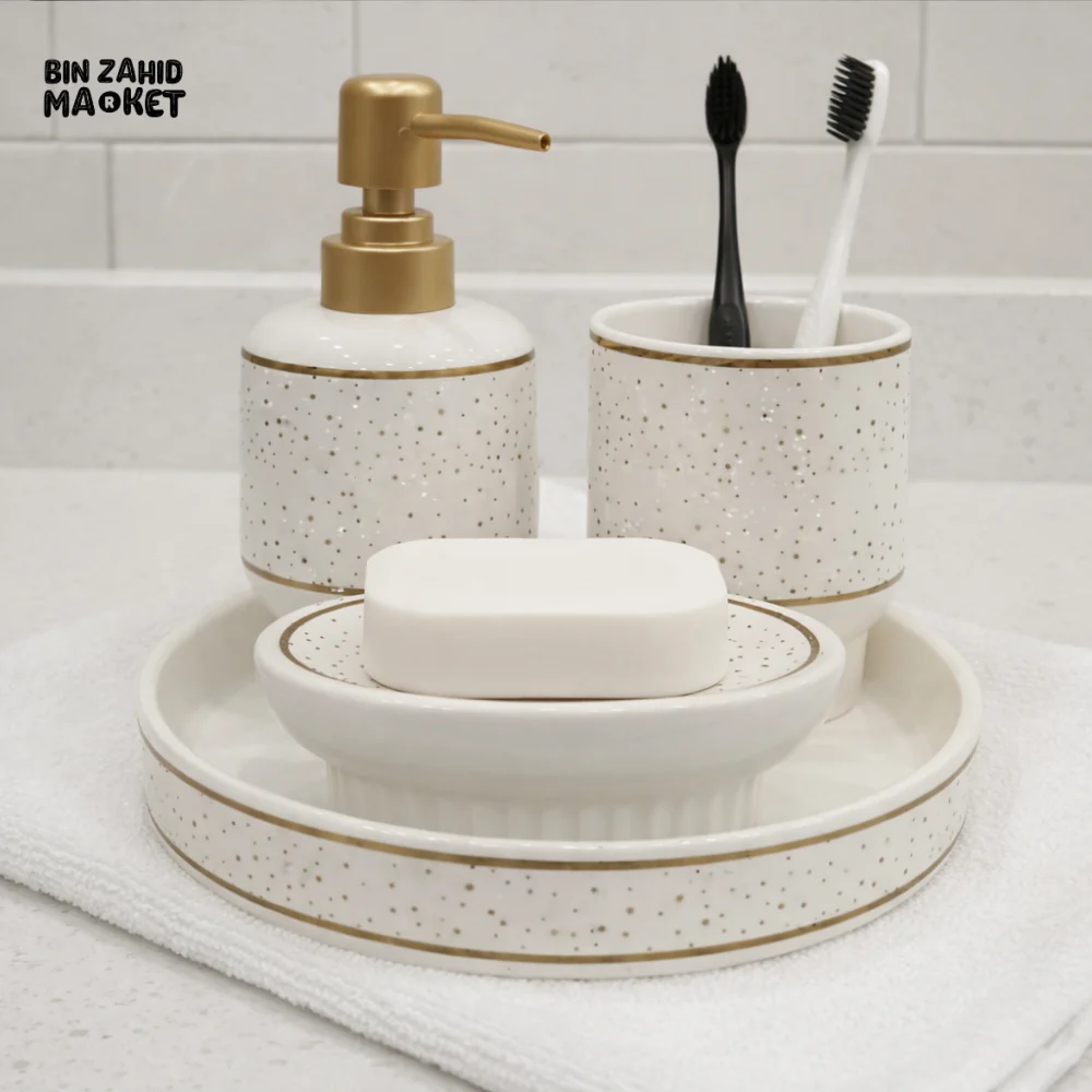LUXURY CERAMIC BATHROOM ACCESSORY SET – SOAP DISPENSER TOOTHBRUSH HOLDER & SOAP DISH WITH TRAY - Image 2