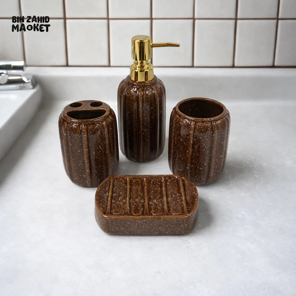 LUXURY CERAMIC BATHROOM ACCESSORY SET WITH GOLD PUMP – KLEEYO BATH SET PRO