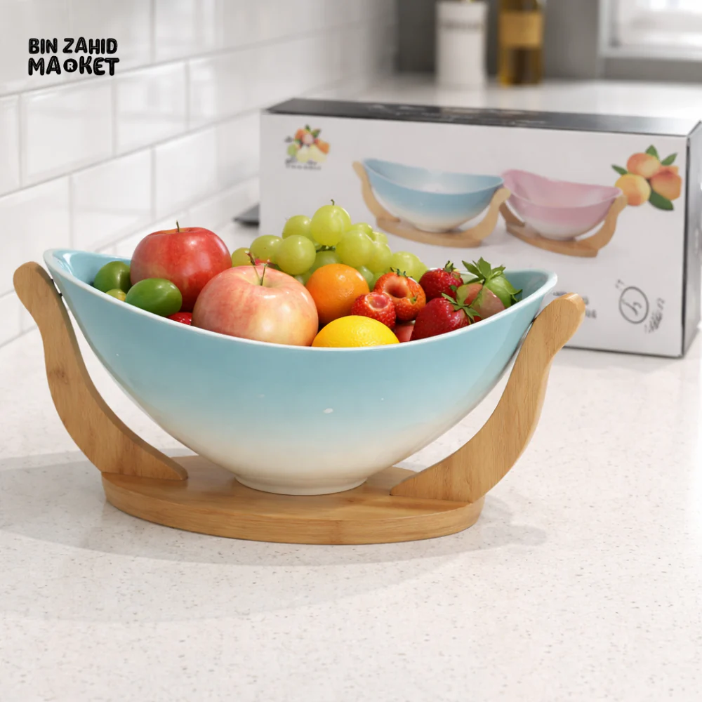 LUXURY CERAMIC FRUIT BOWL WITH WOODEN STAND – MODERN TABLE DECOR