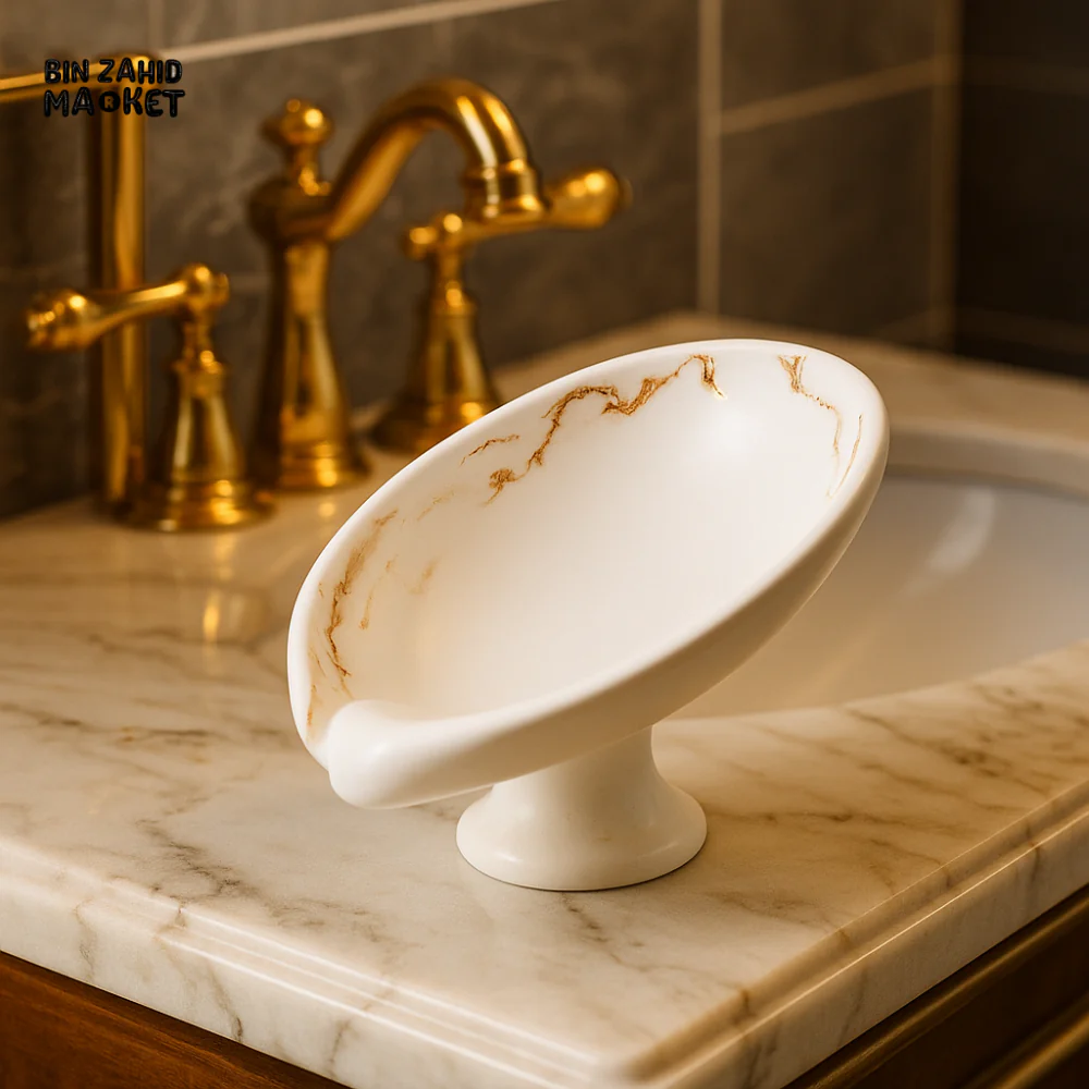 LUXURY CERAMIC SOAP DISH WITH GOLD GEOMETRIC TRIM ELEGANT BATHROOM ACCESSORY - WHITE