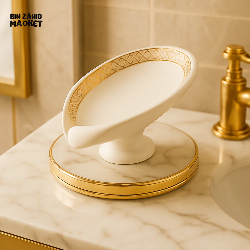 LUXURY CERAMIC SOAP DISH WITH GOLD GEOMETRIC TRIM ELEGANT BATHROOM ACCESSORY - WHITE - Image 2