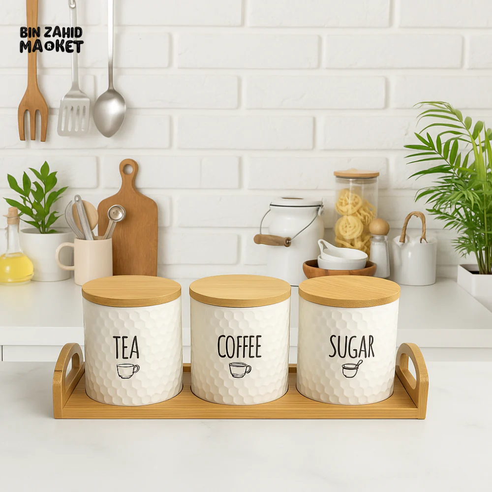 LUXURY CERAMIC TEA COFFEE SUGAR JAR SET – 3-PIECE KITCHEN STORAGE CONTAINERS WITH BAMBOO LIDS & TRAY