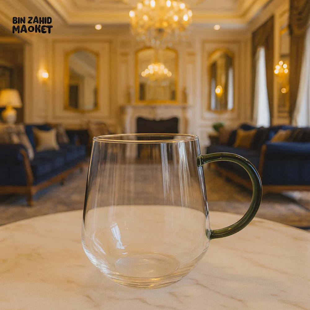 LUXURY CLEAR GLASS MUG WITH GREEN HANDLE 400ML - BG45050