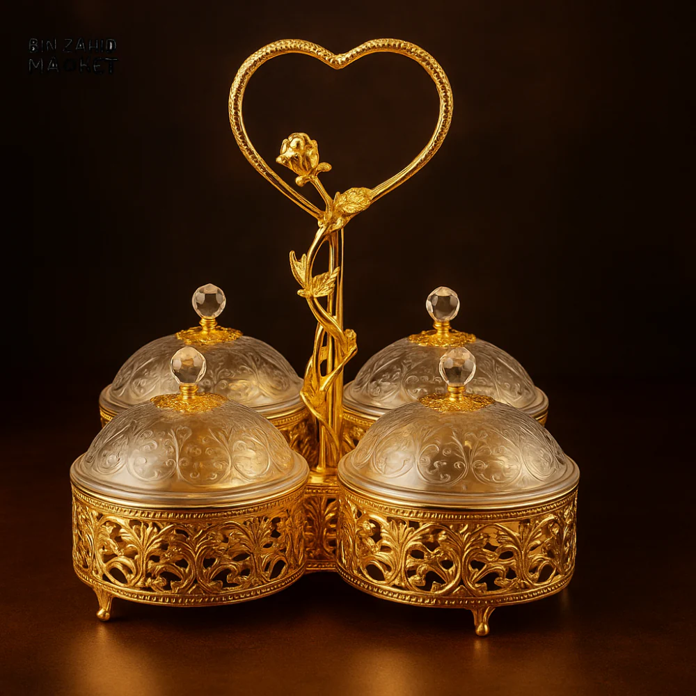 LUXURY CRYSTAL CONDIMENT SET – 4PIECE WITH GOLDEN HEART HANDLE