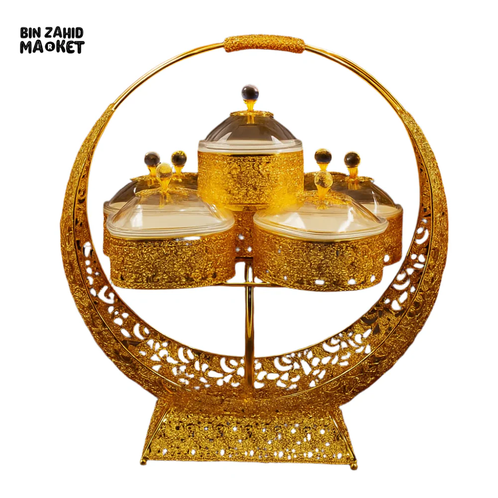 LUXURY CRYSTAL DRY FRUIT SET – 5PIECE WITH CRESCENT GOLD FRAME - Image 2