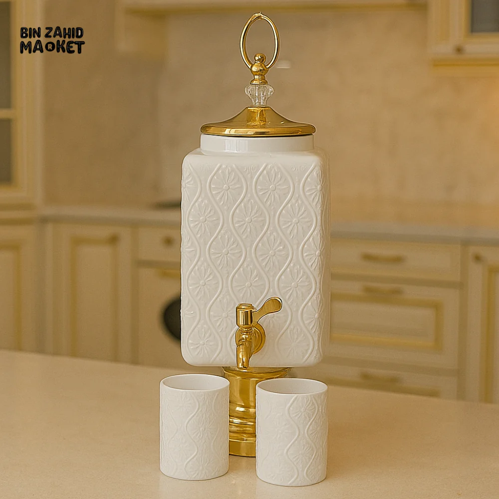 LUXURY EMBOSSED CERAMIC WATER DISPENSER WITH 6 CUPS – GOLDEN FAUCET | PREMIUM KITCHEN SERVER