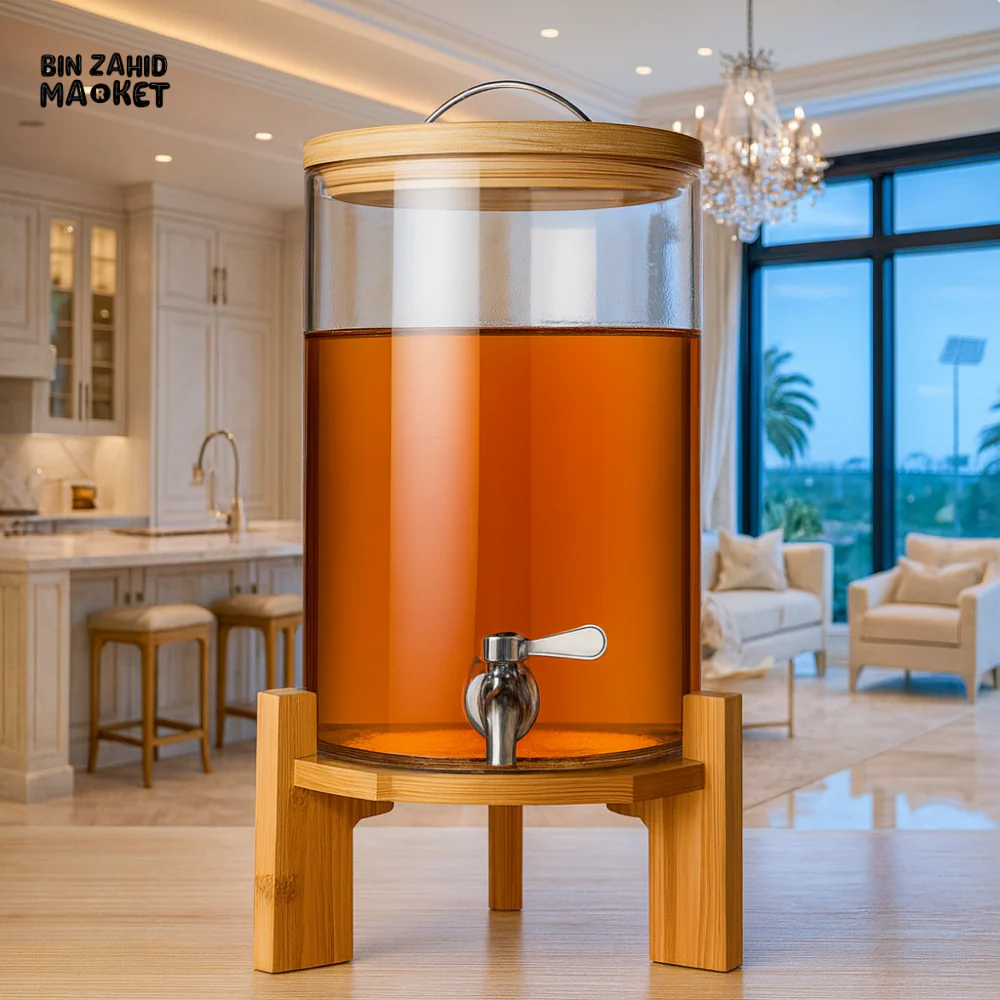 LUXURY GLASS BEVERAGE DISPENSER WITH WOODEN STAND - 10LITRE BG45021