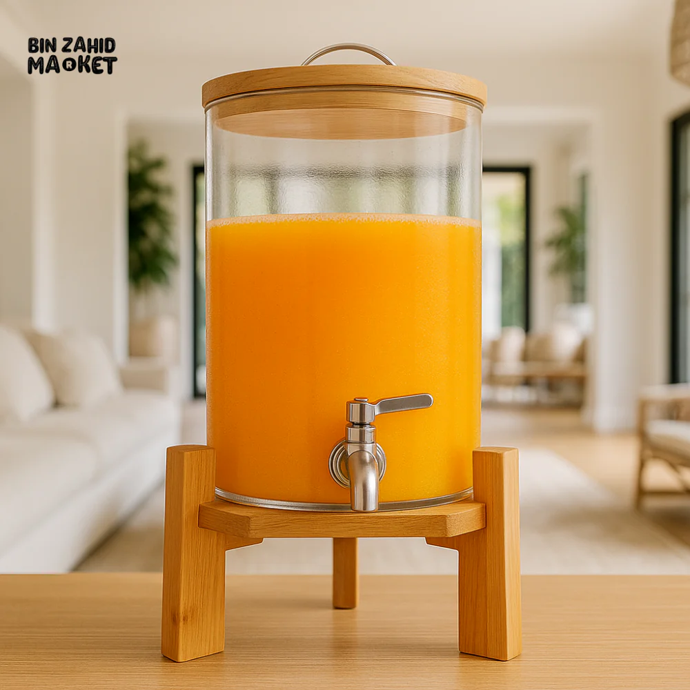 LUXURY GLASS BEVERAGE DISPENSER WITH WOODEN STAND - 8LITRE BG45020