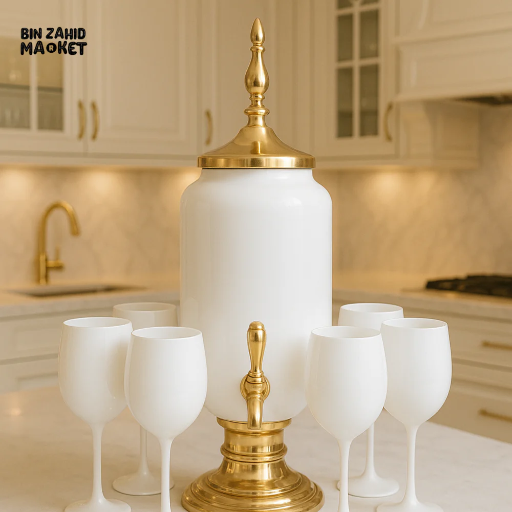 LUXURY GLASS DISPENSER SET WITH GOLD BASE & 6– GLASS PREMIUM HOME DECOR - WHITE