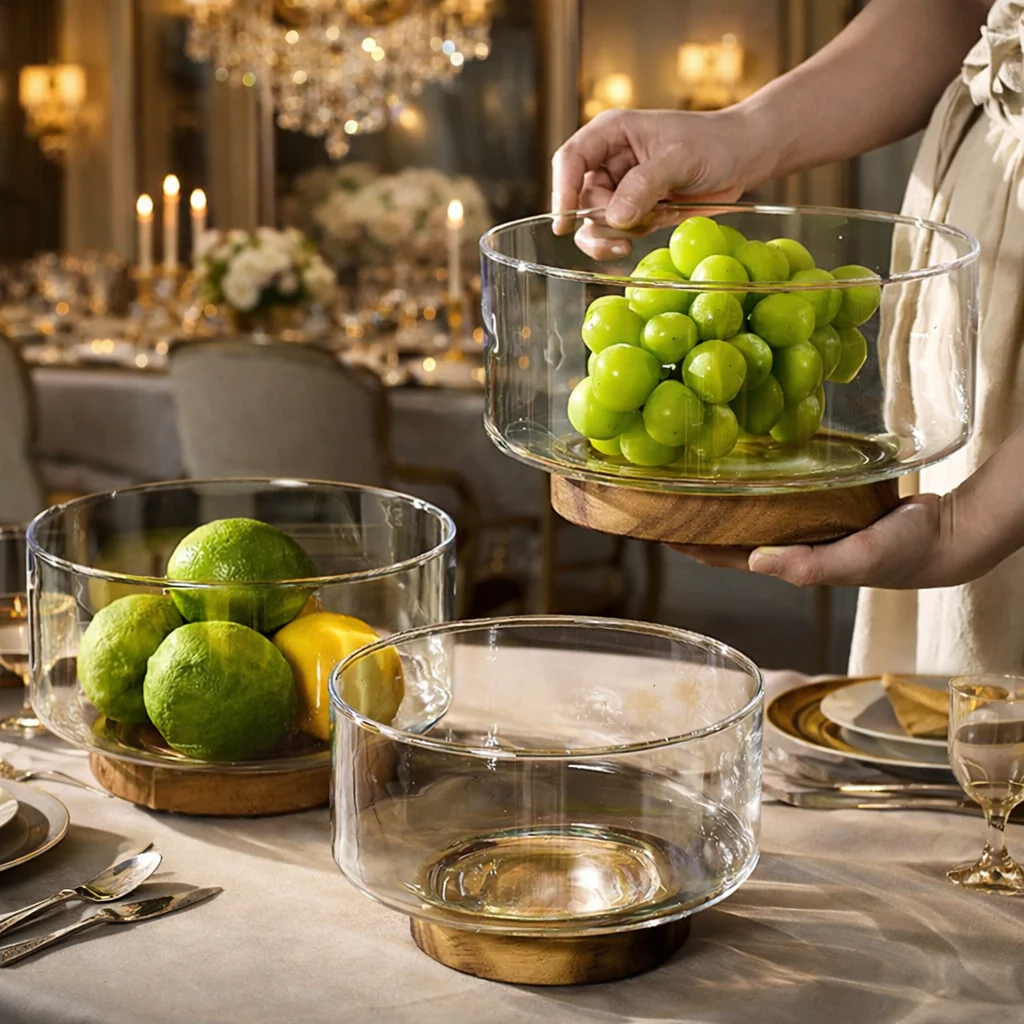 LUXURY GLASS FRUIT BOWL WITH WOODEN BASE – MODERN DINING TABLE CENTERPIECE - LARGE
