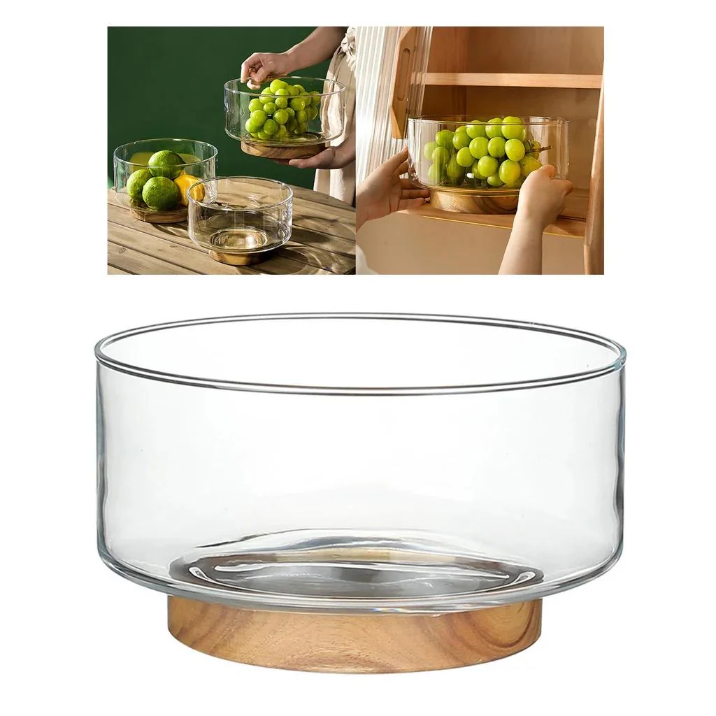 LUXURY GLASS FRUIT BOWL WITH WOODEN BASE – MODERN DINING TABLE CENTERPIECE - LARGE - Image 3