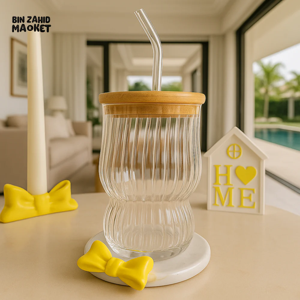 LUXURY GLASS MUG WITH BAMBOO LID & STRAW - 450 ML RXG-026
