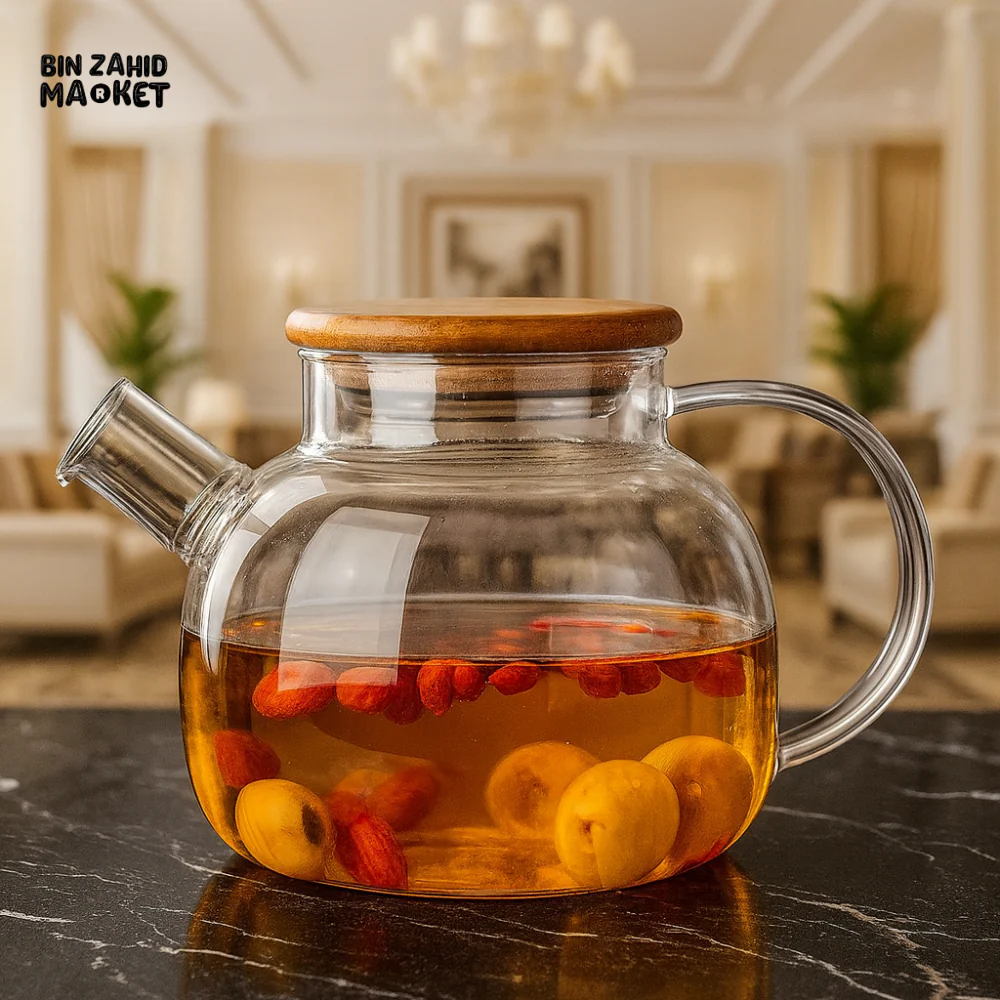 LUXURY GLASS TEAPOT WITH WOODEN LID – HEAT RESISTANT CLEAR TEA KETTLE FOR HERBAL & FLOWER TEA - 900ML BG45026