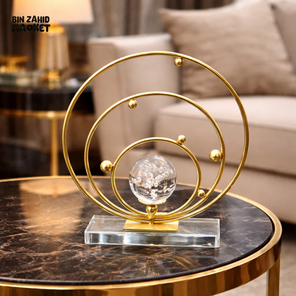 LUXURY GOLD CIRCULAR GLASS BALL TABLE DECOR FOR SIDE TABLE | MODERN HOME ORNAMENT