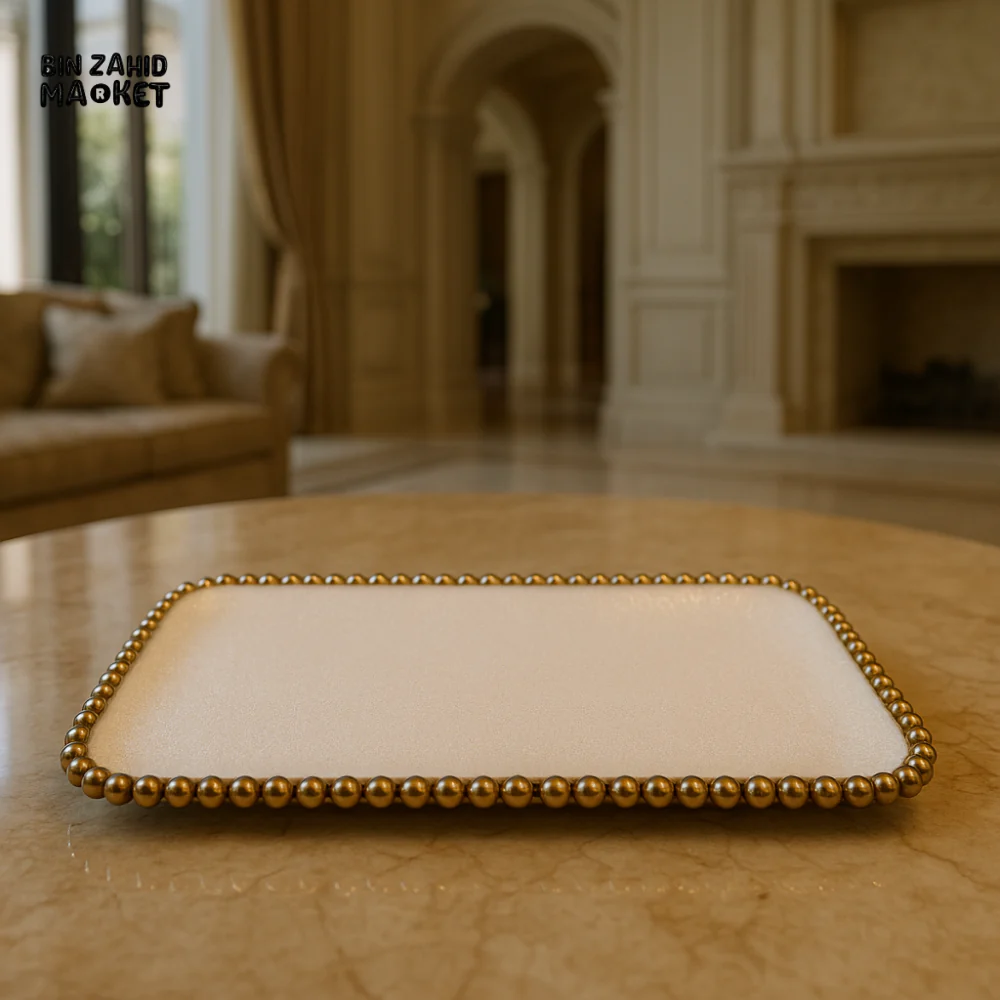 LUXURY WHITE RECTANGULAR TRAY WITH GOLD BEADED BORDER – REALISTIC VILLA STYLE SERVER  YF015